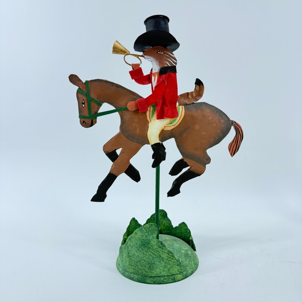Silvestri Fox Hunt Candlestick Decor Metal Jumping Horse Red Coat Horn 12in
